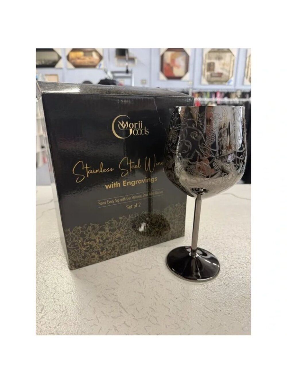 Stainless Steel Wine Glasses With Intricate Engravings - Set Of 2 Durable & Eleg